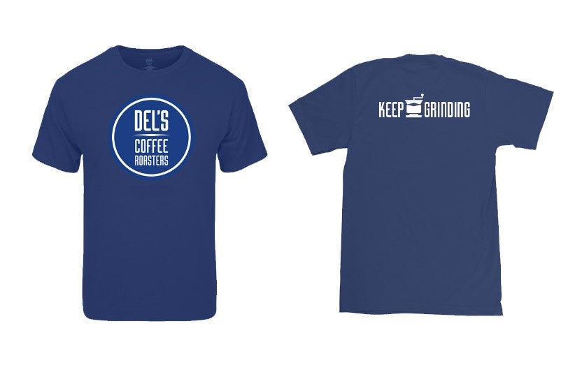 Keep Grinding Tee Shirt - Navy Blue – Del's Coffee Roasters